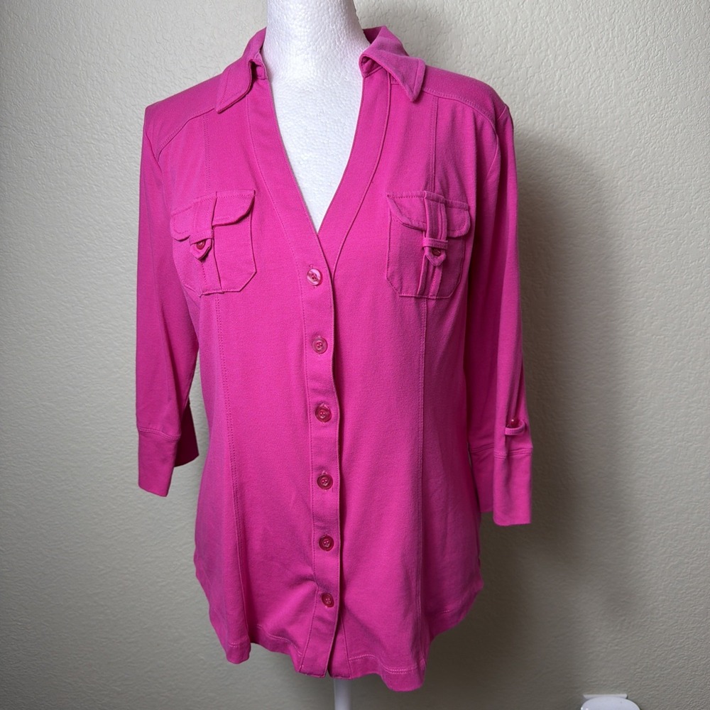 Metrostyle Blouse Women Small Fuchsia Knit Top V-Neck Safari Utility Casual Work